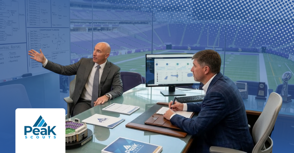 Peak Scouts Managing Director Dave discusses strategy with a colleague in a sports facility conference room, with a whiteboard and data dashboard visible in the background.
