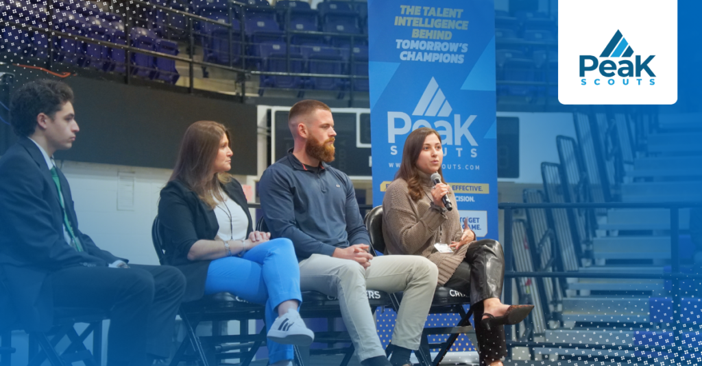A panel of four sports professionals seated on stage at a Peak Scouts event inside an arena, illustrating the 2026 sports talent market.