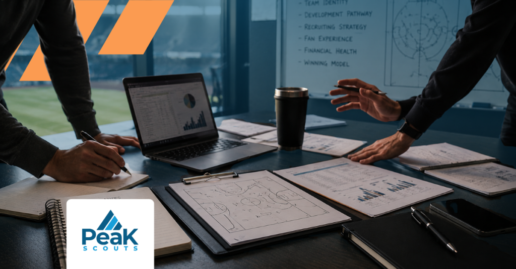 A sports front office team works through strategy in the quiet months, reviewing data and planning documents with an organizational framework visible on the whiteboard behind them.